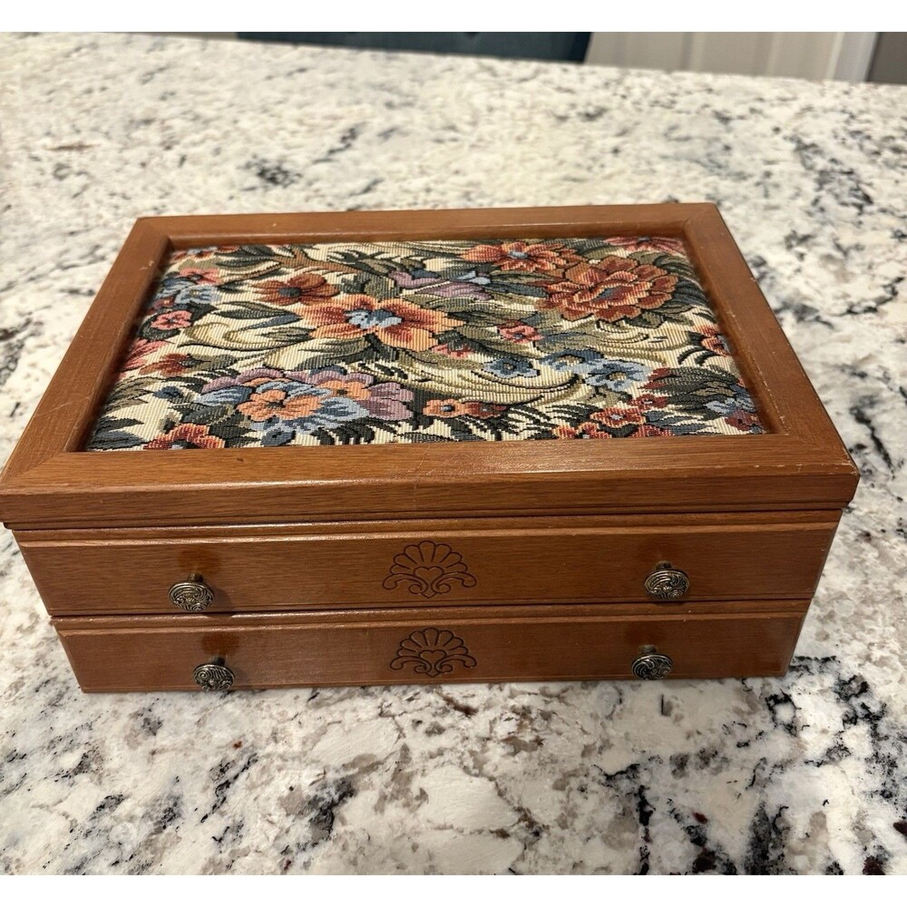 Vintage Floral Tapestry Top Wood Hinged Jewelry Box Pink Velvet Lining Drawer